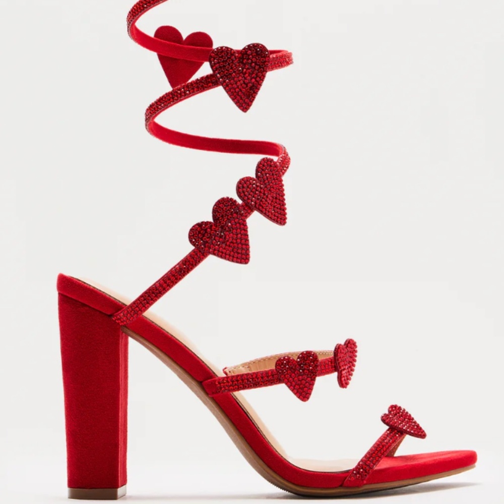 Heartstrings Rhinestone Wrap Up Heels - Red